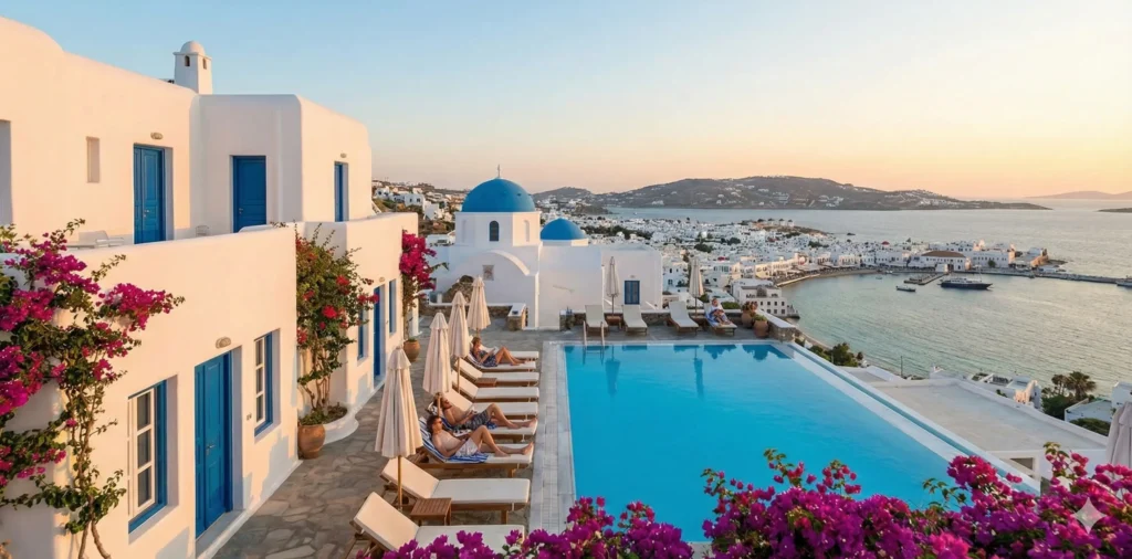 Stylish boutique hotel terrace in Mykonos with comfortable lounge chairs overlooking the sea during sunset.