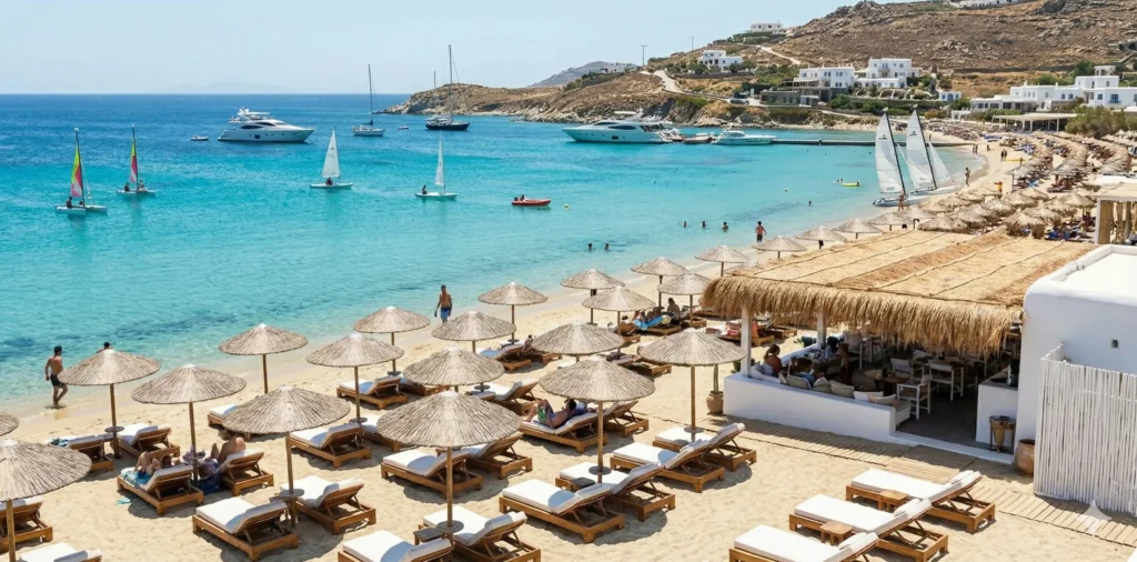Vibrant summer atmosphere at a popular Mykonos beach club with rows of sunbeds and crystal clear turquoise water.