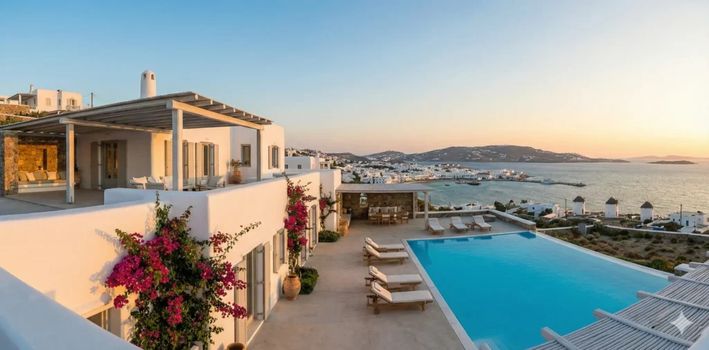 Luxury villa in Mykonos featuring traditional white Cycladic architecture, a private infinity pool, and stunning Aegean Sea views.